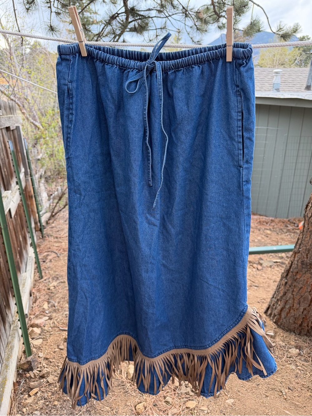 Denim Maxi Skirt with Fringe Hem